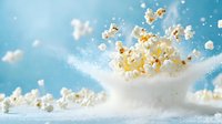 Fresh popcorn kernels exploding with dynamic motion against light blue background, creating dramatic splash effect with white powder for food advertising.