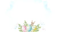 Adorable Easter bunny with colorful decorated eggs and spring flowers on white background for holiday greeting cards and seasonal designs.