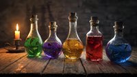 Colorful magical potions in glass bottles with cork stoppers on wooden table by candlelight. Fantasy alchemy laboratory scene for gaming and mystical designs.