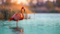 Pink flamingo wading in shallow turquoise water at sunset with blurred wetland background, suitable for nature and wildlife editorial use.