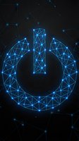 Digital power button symbol made of glowing blue polygonal wireframe on dark background with connected network nodes for technology interface design.