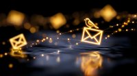 Glowing email icons floating with golden light trails and bokeh effects on dark background for digital communication and marketing concepts.