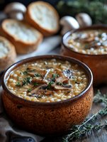 Creamy mushroom barley soup garnished with fresh thyme in rustic ceramic bowls, served with crusty bread slices. Hearty comfort food photography.
