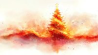 Watercolor Christmas tree with warm orange and red tones on white background, holiday season greeting card design with glowing star and sparkles.