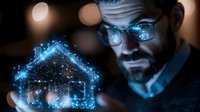 Professional man with glasses examining glowing blue digital house hologram projection, illustrating smart home technology and real estate innovation.