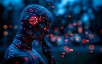 Futuristic silhouette with glowing circuit patterns and digital elements against blurred dark background with bokeh lights, representing artificial intelligence and technology.