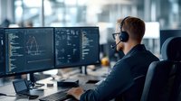 Young male software developer in glasses and headphones working with multiple monitors displaying programming code in modern office environment. Suitable for tech industry content.