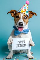 Playful Jack Russell terrier dog wearing party hat and bow tie holding happy birthday sign against blue background.