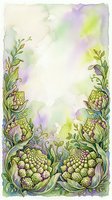 Watercolor illustration of cauliflower and leafy vegetables framed by ornamental foliage, with soft purple, green, and yellow washes creating an ethereal background. Suitable for culinary designs.