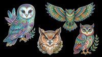 Colorful owl illustrations with ornamental patterns and botanical details, isolated on transparent background. Ready for t-shirt design, clipart, stickers, sublimation, and print-on-demand products.