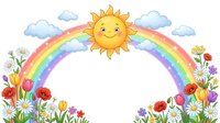 Cheerful sun with rainbow and colorful spring flowers frame on white background, isolated design element for children's projects and seasonal decorations.