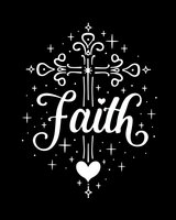White decorative cross with faith lettering and hearts on black background, ornate religious design with sparkle elements and flourishes for spiritual decor.