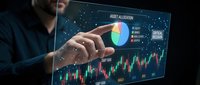 Male professional analyzing financial data with holographic pie chart and candlestick graphs, representing asset allocation, investment strategy, and stock market analysis for business applications.