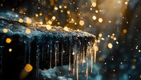 Glowing icicles hanging from roof edge with magical golden bokeh lights in winter night, creating atmospheric seasonal backdrop for festive designs.