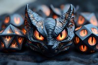 Dark fantasy dragon head sculpture with glowing orange eyes surrounded by geometric dice with illuminated faces creating mystical gaming atmosphere.