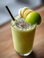 Fresh green smoothie with banana slices, apple and chia seeds served in glass with straw on wooden table, healthy breakfast option.