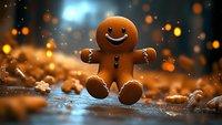 Smiling gingerbread man cookie with icing decoration on wooden surface with festive bokeh lights and crumbs in background.