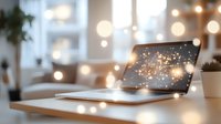 Laptop with glowing sparkles on screen in cozy home office setting with soft bokeh lights, potted plants and modern minimalist workspace atmosphere.