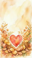 Watercolor heart surrounded by golden coins and floral branches, warm tones, charity, wealth and love concept art for cards and prints.