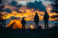 Silhouettes of family camping at sunset with illuminated tent and campfire, dramatic orange sky and dark clouds create atmospheric outdoor scene.