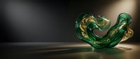 Emerald green glass sculpture with organic flowing form and golden accents, isolated on dark background for design and decor projects.