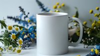 White ceramic mug mockup with wildflower arrangement featuring daisies and blue flowers on light background for branding and design projects.