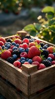 Fresh mixed berries in rustic wooden crate with strawberries, blueberries, raspberries and blackberries for healthy eating and summer harvest concepts.