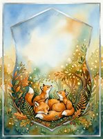 Watercolor fox family sleeping peacefully in geometric frame with autumn foliage and botanical elements for nursery decor and greeting cards.