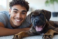 Young African American man lying on carpet with adorable brown puppy at home, both looking happy and smiling at camera, showing pet companionship and joy.
