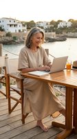 Middle-aged woman with shoulder-length gray hair, Caucasian ethnicity, working remotely on laptop at wooden table on coastal terrace overlooking Mediterranean village with white buildings and calm water.