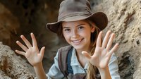 Young Caucasian girl explorer in hat showing palms and smiling while hiking outdoors, wearing casual clothes and backpack against rocky background on sunny day.