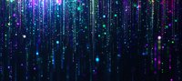 Glowing digital rain with purple, blue, and green light particles falling against dark background, creating futuristic technology atmosphere.