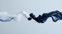Contrasting black and white liquid streams collide and swirl in abstract fluid motion against light background, creating dynamic flowing art pattern.