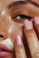 Close-up of young woman with freckles, green eyes and pink manicure touching face. Natural beauty makeup with dewy skin and glossy pink lips for cosmetic advertising.