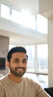 Young man with dark hair and beard, South Asian ethnicity, wearing beige sweater, smiling in bright modern apartment with large windows and natural light.