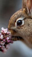 Brown and white rabbit sniffing pink flowers in close-up portrait. Cute bunny with large eyes and whiskers exploring blooms. Wildlife and nature photography for greeting cards, calendars, and animal content.