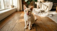 Orange tabby kitten sitting on wooden floor in cozy living room with Christmas tree and soft natural lighting creating warm holiday atmosphere.