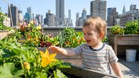 Young child with light blonde hair and fair complexion, wearing striped shirt, tending to rooftop garden with yellow flowers and vegetables against urban skyline backdrop.