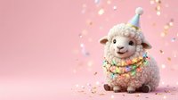 Cute sheep character wearing party hat and colorful beaded necklace surrounded by confetti on pink background for celebrations, greetings, and festive designs.
