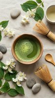 Traditional Japanese matcha tea ceremony setup with bamboo whisk, wooden bowl, jasmine flowers and zen stones on natural linen background for wellness rituals.