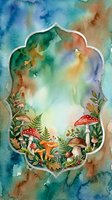 Watercolor forest frame with mushrooms, ferns and plants on colorful background for greeting cards, invitations and nature designs.