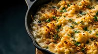 Golden baked casserole with melted cheese and herbs in cast iron skillet, comfort food dish ready to serve for family dinner or holiday meal.
