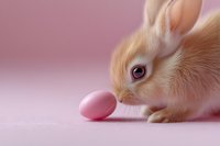 Adorable baby bunny rabbit with cream-colored fur sniffing pink Easter egg on soft pink background, creating gentle spring holiday mood for seasonal designs.