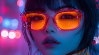 Young Asian woman wearing orange tinted glasses in neon lighting with blue and pink bokeh background, creating dramatic cyberpunk atmosphere and mood.