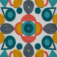 Colorful rope embroidery pattern with teal, coral, yellow and gray circular motifs on white fabric background for textile and craft projects.
