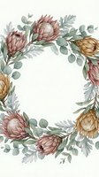 Watercolor protea wreath with eucalyptus leaves on white background for wedding invitations, greeting cards and botanical design projects.
