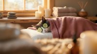 Relaxed tabby cat wearing cucumber eye mask lying on cozy blanket in warm sunlit living room during spa day at home wellness routine.
