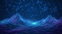 Futuristic digital landscape with glowing network connections and geometric mountain peaks in blue and purple neon colors for technology backgrounds.