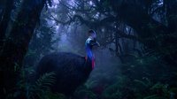 Young woman explorer in mystical purple forest with ancient trees and ferns creating magical atmosphere for fantasy adventure storytelling.