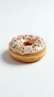 Glazed donut with white frosting and colorful sprinkles on white background, suitable for bakery, food, and dessert marketing materials.